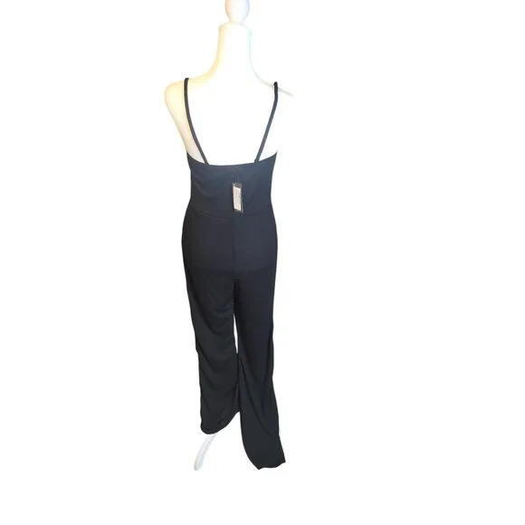 PrettyLittleThing Black Ribbed Strappy Square Neck Flared Jumpsuit Size10 - Picture 3 of 6